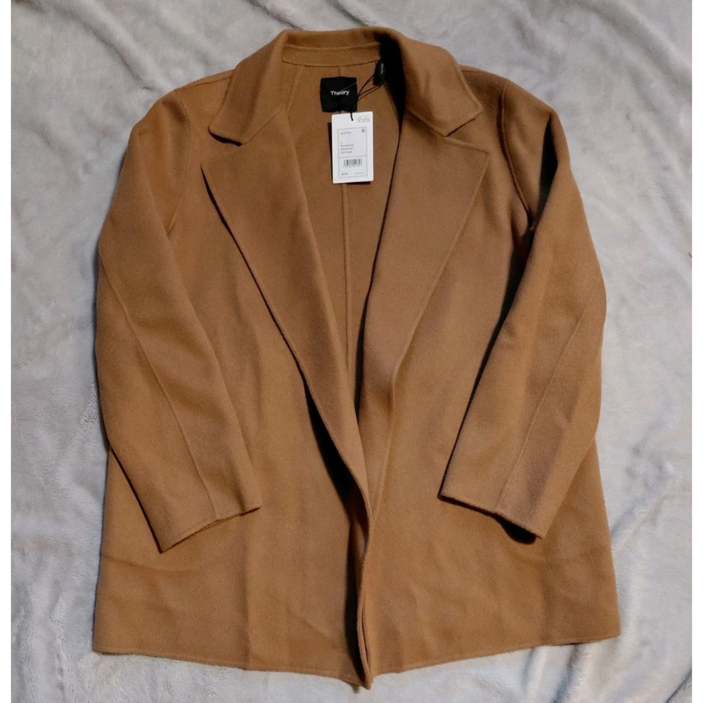 Theory Sileena Women Coat Tan Buckwheat Winsome 2 Wool Cashmere Jacket Large NWT - Picture 5 of 11